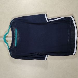 10513 FINAL PRICE Talbots navy blue & white linen blend short sleeve sweater L